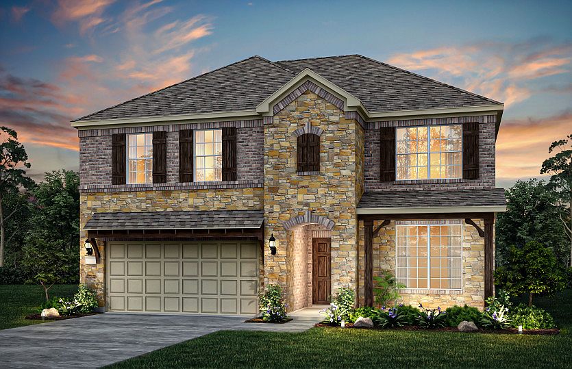 Exterior D, with covered front porch, stone accents, and a 2-car garage