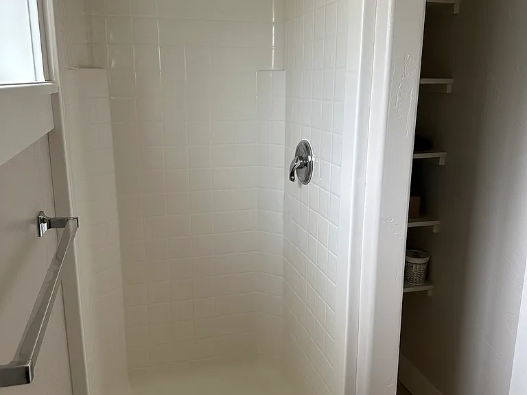Shower with shelving storage to the right