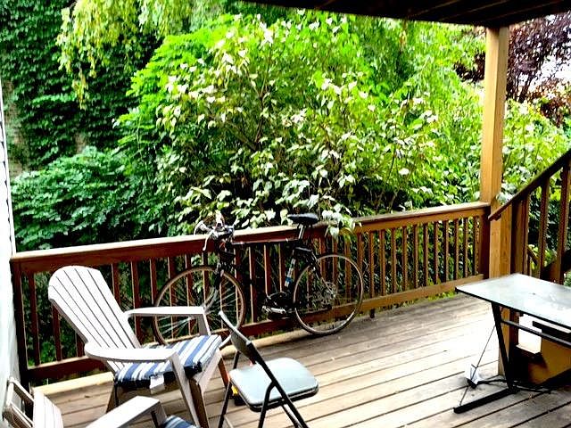Large back porch and yard with seating area and fire pit. Can do own gardening with landlord's consent.