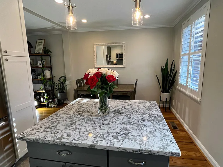 Granite kitchen island ideal for entertaining.