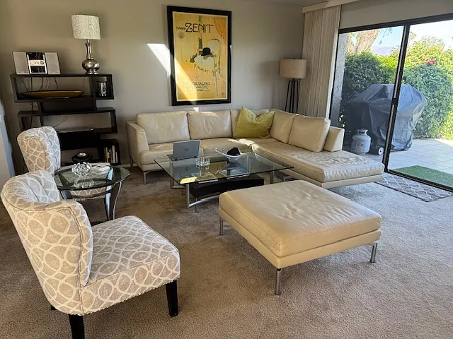 Living room with BBQ in view on patio.