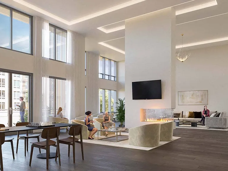 Business lounge with collaborative and individual workspaces