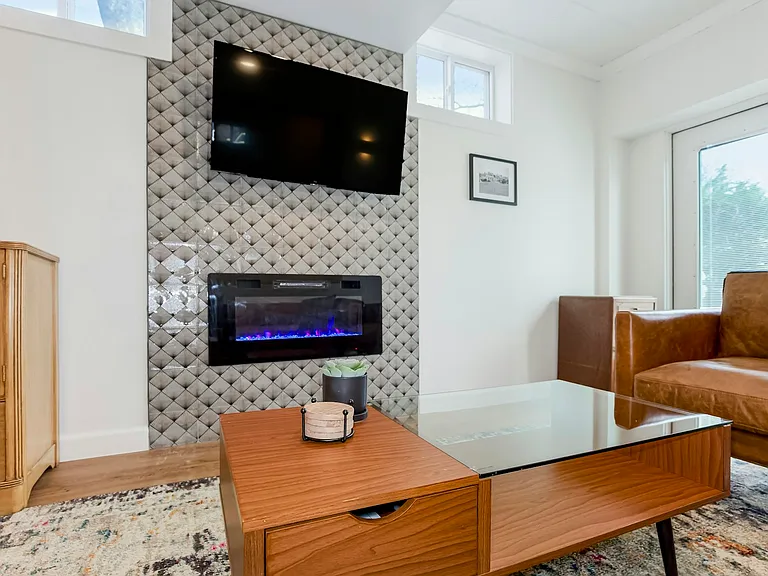 The electric fireplace is the perfect cozy space
