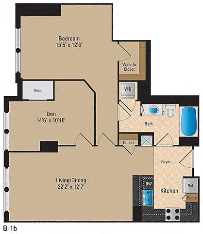 Floor plan 1 Bedroom + Den, 1 Bath 1005 SF AD8