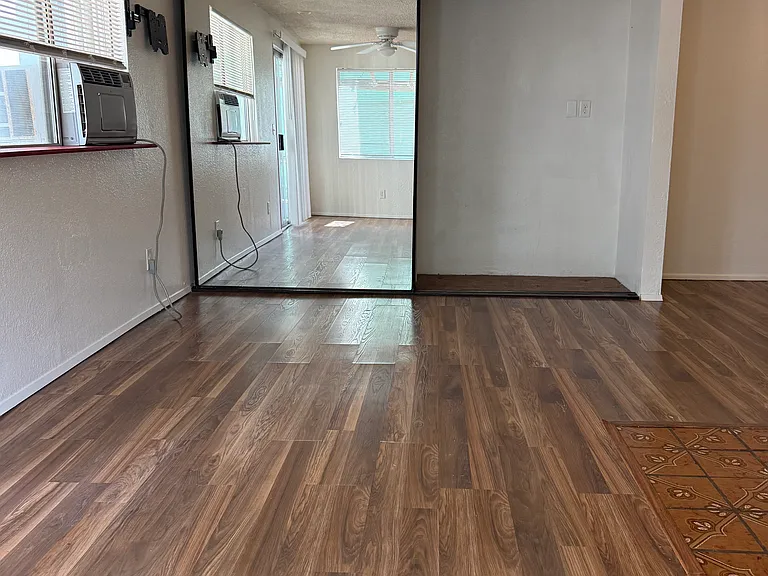 Open living area with large closet and LVT flooring for easy maintenance.