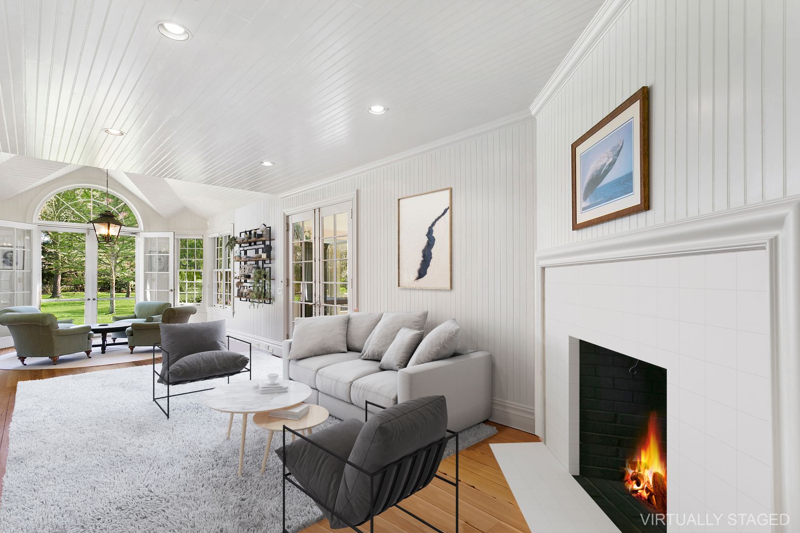  White Living Room w/wood burning fireplace