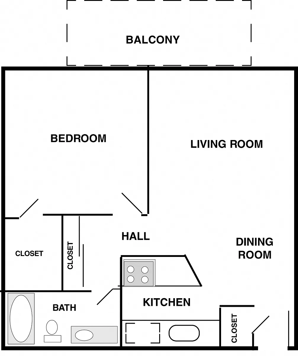Floor plan 1 bedroom, 1 bath