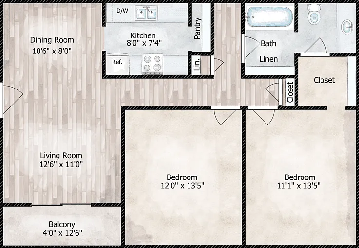 2 Bed 1 Bath Floorplan Diagram