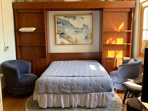 Pull down Queen Murphy bed. Storage and shelves