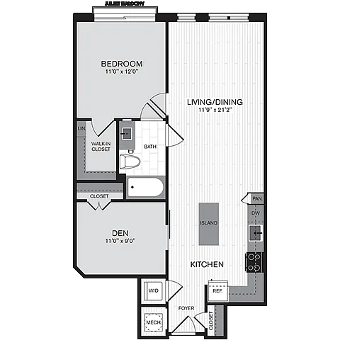 Floor plan 1S Den w/ Balcony