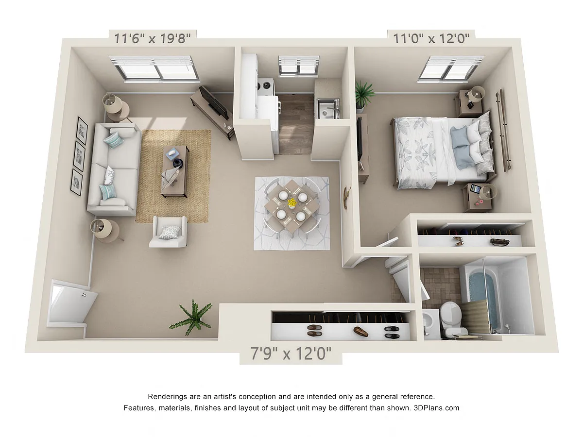 Floor plan 1 Bedroom, 1 Bath (576 Upper)