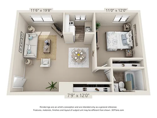 Floor plan 1 Bedroom, 1 Bath (576 Upper)