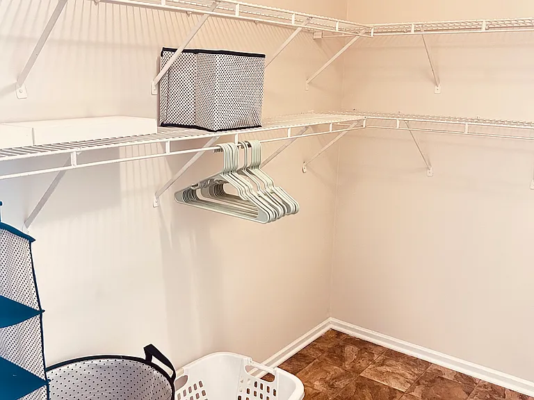 Master bedroom closet with laundry accessories available.