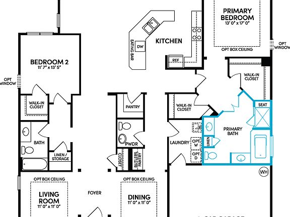The main level with optional deluxe primary bathroom floor plan of the Pearson at Heritage Shores by