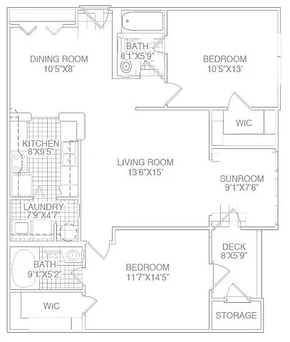 Floor plan Two Bed Two Bath Split w Patio/Sunroom-Renovated
