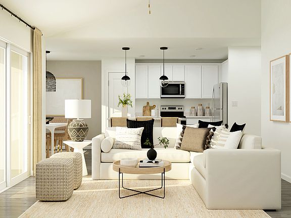Rendering of a living room furnished with a white sectional couch and two poufs.
