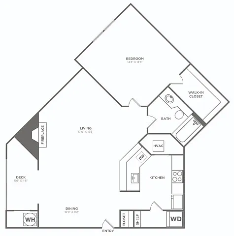 Floor plan One Bedroom One Bath (800 SF)