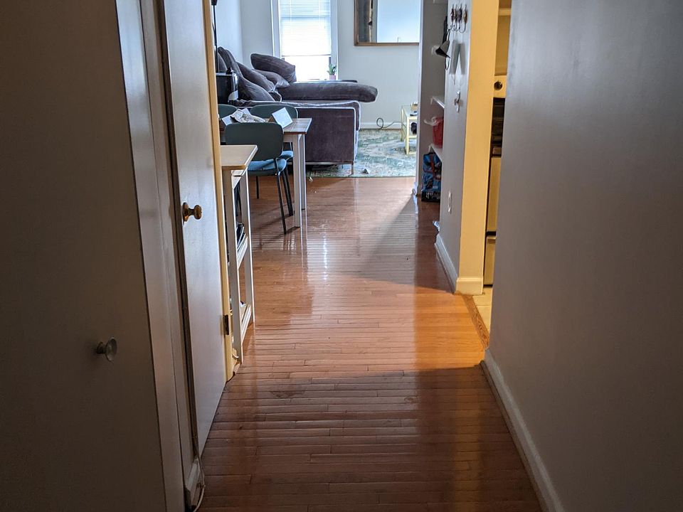 The view upon entering the apartment. Coat closet is on your left, kitchen is on your right. Dining area and living room are straight ahead.