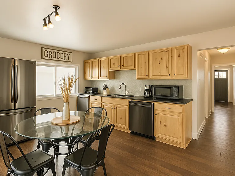 This kitchen is bright and inviting, perfect for shared meals and morning coffee.
