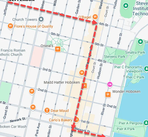 About a 12-minute walk to the downtown PATH and a 5-minute walk to the light rail train to the PATH to downtown Hoboken.