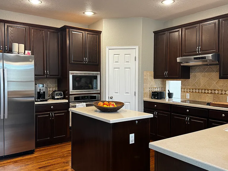 Kitchen with island and (not seen) breakfast bar