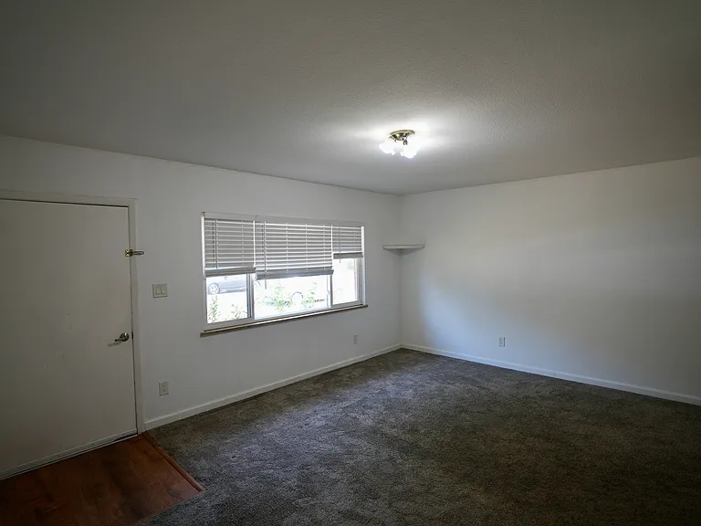 Main Living room showing front door and large window with blinds.