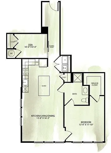 Floor plan Brookland Works 1Q 1 Bed Den 1 Bath
