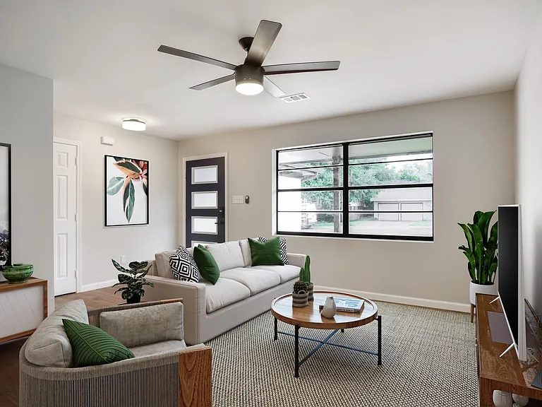 This image shows a virtually furnished space. This space come unfurnished.