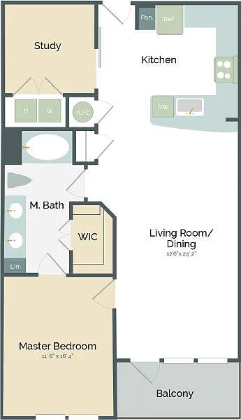 Floor plan B1A 1x1 961sf