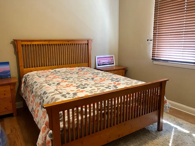 Queen bed, 2 night stands with drawers, Tall Dresser, Writing Desk, Double door closet