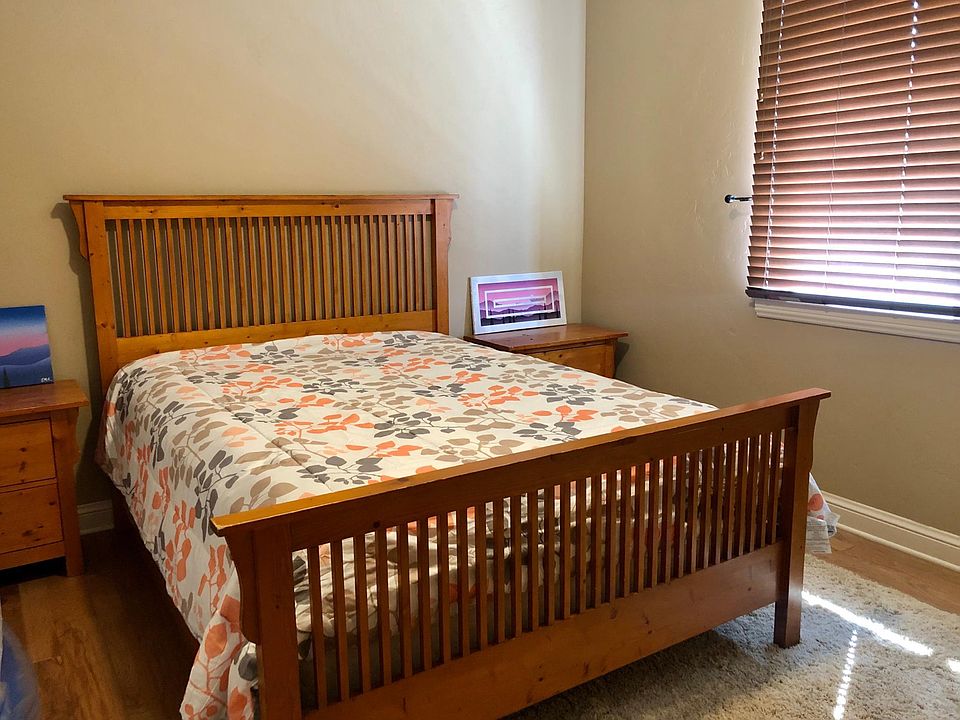 Queen bed, 2 night stands with drawers, Tall Dresser, Writing Desk, Double door closet