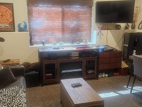 Den with views of Lake and Mtns. Fireplace, pullout sofa, table chairs & efficiency kithen.