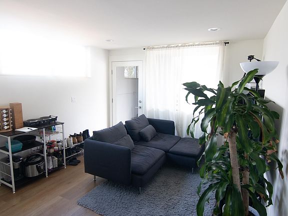 Entrance door and Living Room (furniture not included except curtains and hot plate with cabinets).