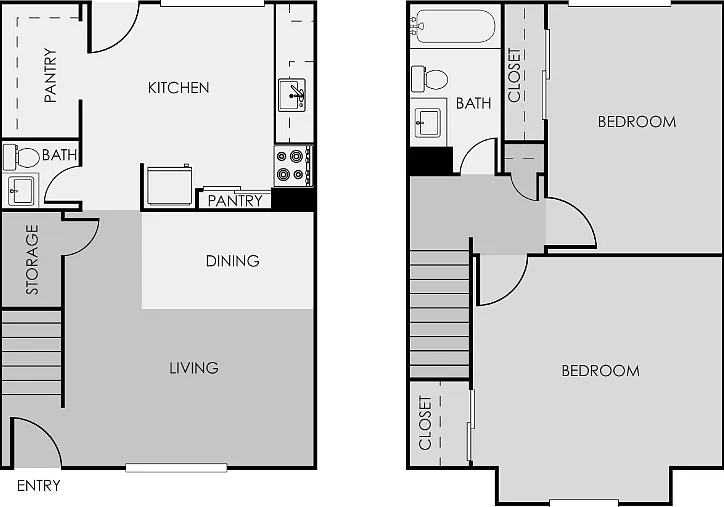 2 Bed 1.5 Bath Floorplan Diagram