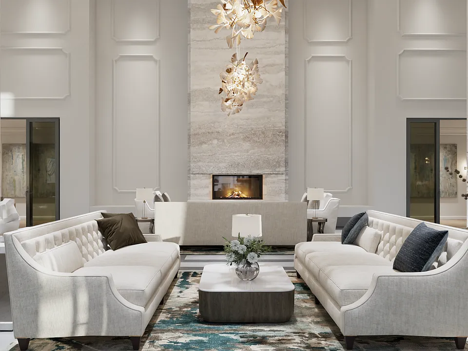 A Two-Story Lounge with a Fireplace