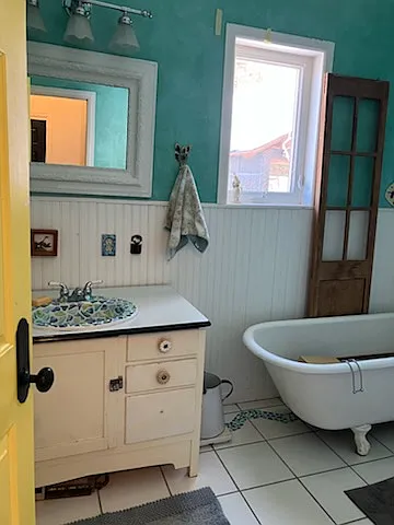 second bathroom, custom tiles and sink, clawfoot tub/shower