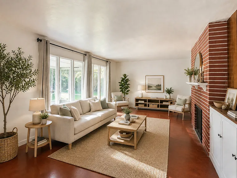 Wood burning fireplace. Big living room with natural light, and black out curtains for summer months. Looks out to the AZ room and Backyard