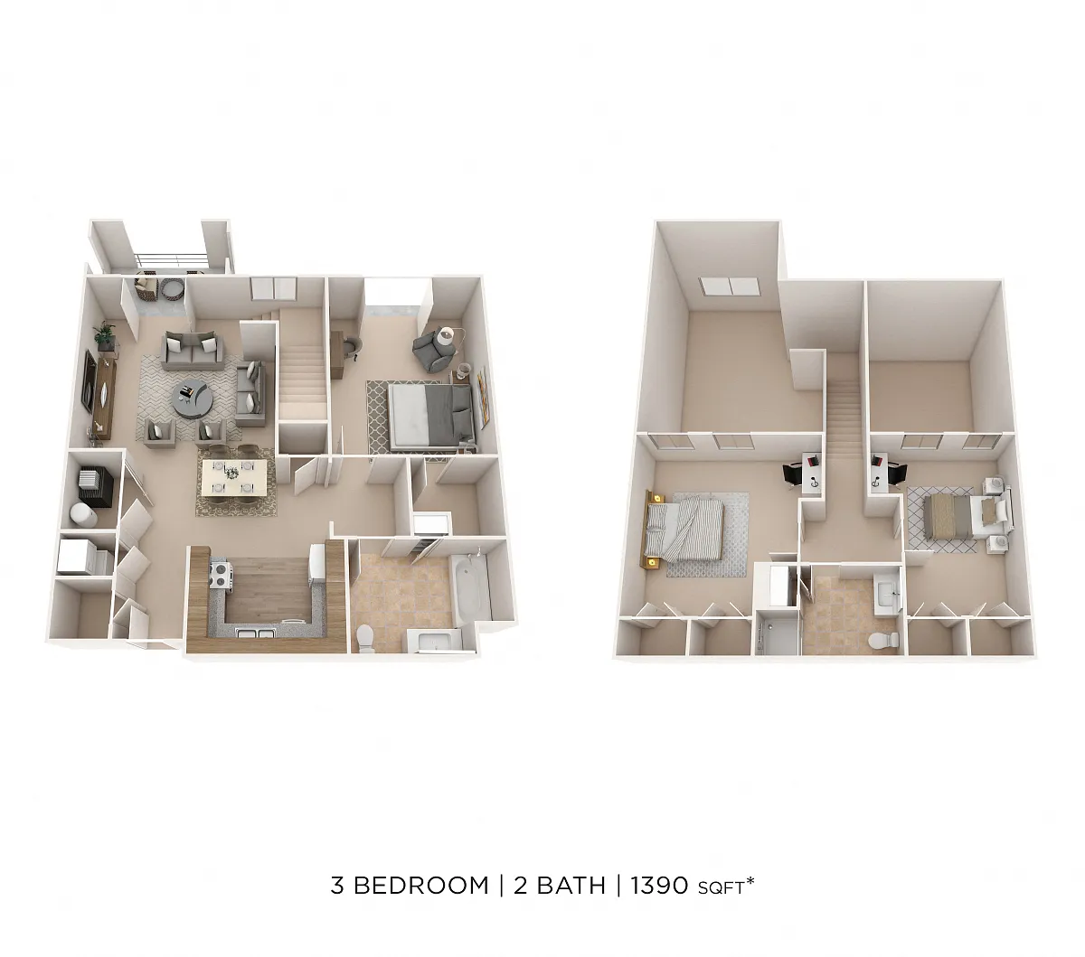 Floor plan Three Bedroom 2 Bath-1390 sqft