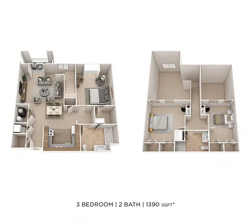 Floor plan Three Bedroom 2 Bath-1390 sqft