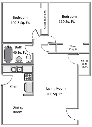 Floor plan 2BR/1BA-Brentwood