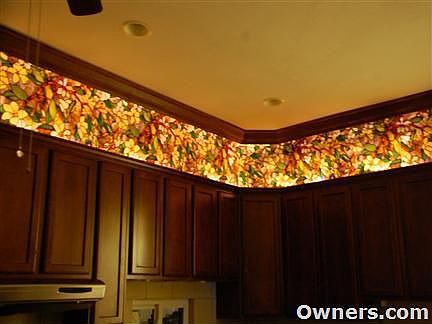 Cherry Kitchen Cabinets With Back lit Stained Glass