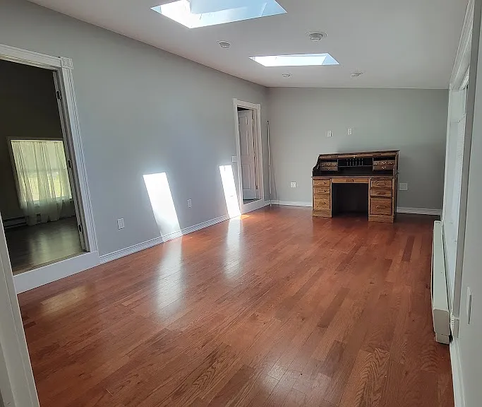 Living room with skylights.