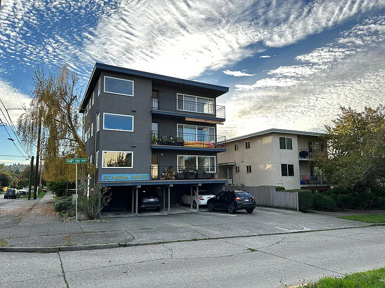 West side of building. Available unit is the top floor.