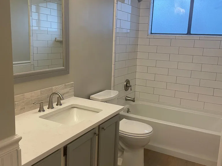 Guest/hall bathroom. Newly remodeled! New quartz vanity and sink, all new fixtures, new plank flooring, new shower, new tub, new plumbing!