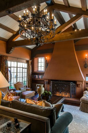 Craftsman Living Room with Wood framing, A1 Egypt Wrought Iron Firescreen 1, Wall sconce, High ceiling, Built-in bookshelf