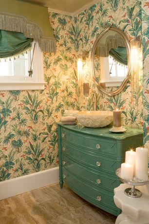 Traditional 3/4 Bathroom with Wood counters, Belle Foret - L6DUR Chiseled Round Stone Lavatory, Wall mirror, Flush, Wallpaper