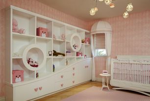 Contemporary Nursery with Bubble chandelier, Wallpaper, Hardwood floor, Bellawood  3/8" x 3" natural maple, Dresser, Crib