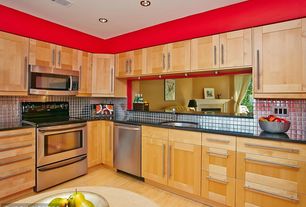 Contemporary Kitchen with Shaker Cabinetry, Barker Cabinets, Kitchen island, Simple granite counters, Hardwood floors