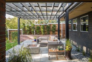 Modern Patio with Raised beds, Vanbuskirk 6 Piece Seating Group with Cushion, Pathway, Fire pit, Fence, Trellis