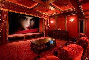 Luxury Red Home Theater Design Ideas & Pictures | Zillow Digs | Zillow - 4 tags Traditional Home Theater with Logitech Harmony 1100, Theater  curtains, Box ceiling, Carpet,